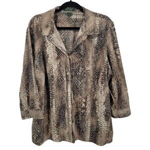 Lauren Ralph Lauren Womens 3X cream brown snake croc print button up blouse